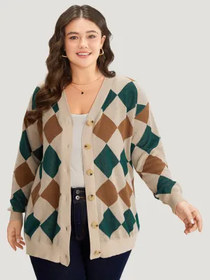 Argyle Plaid Contrast Button Up Cardigan