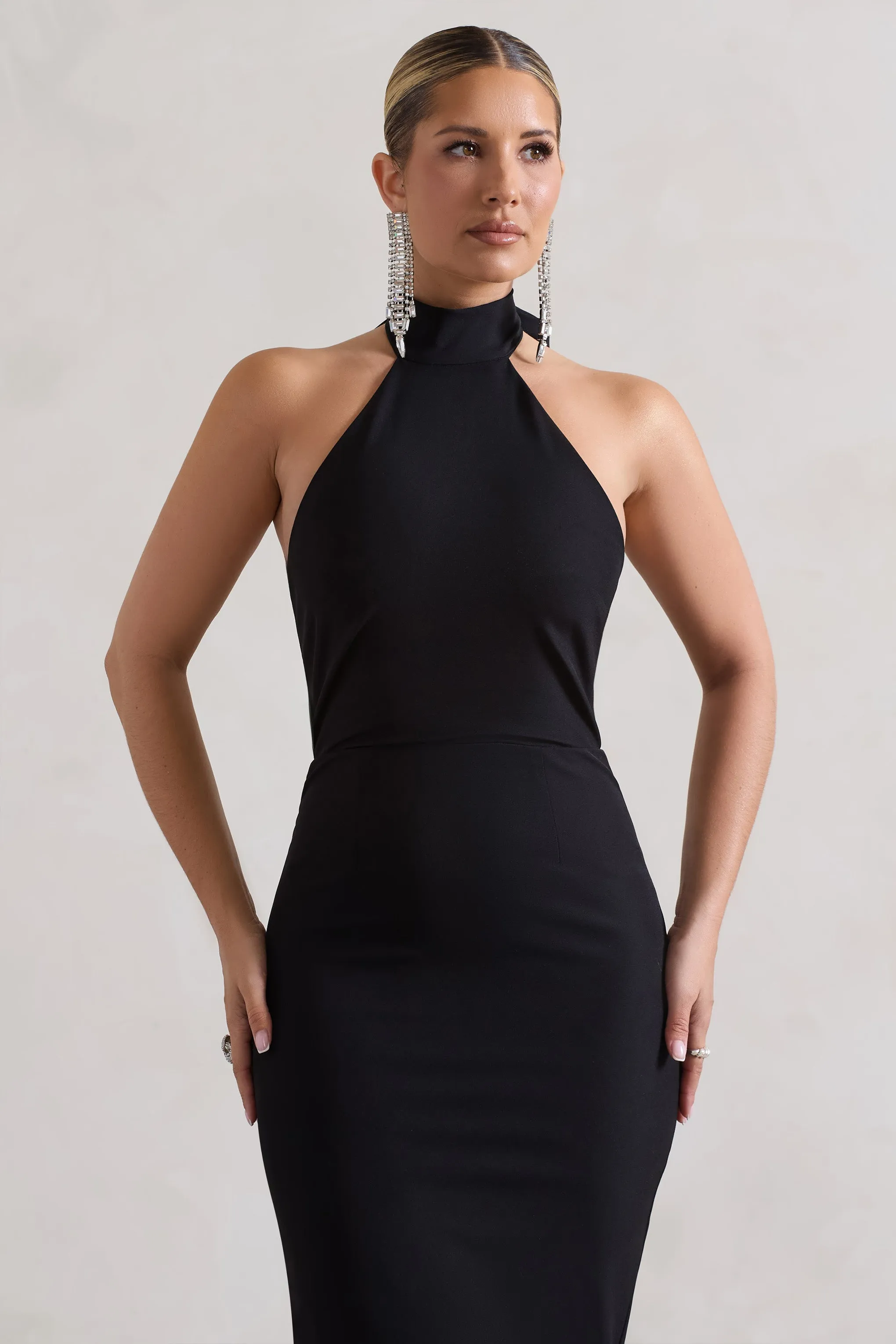 Ashton | Black High-Neck Midi Dress With Ruffle Hem