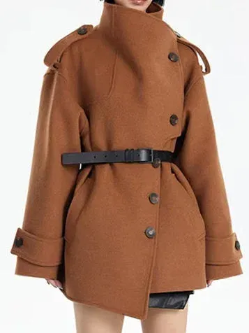 Asymmetrical Short Peacoat with High Collar