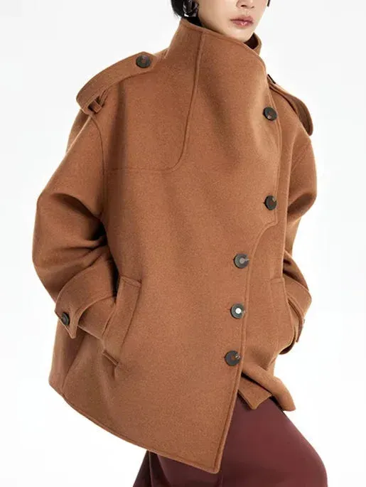 Asymmetrical Short Peacoat with High Collar