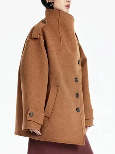 Asymmetrical Short Peacoat with High Collar