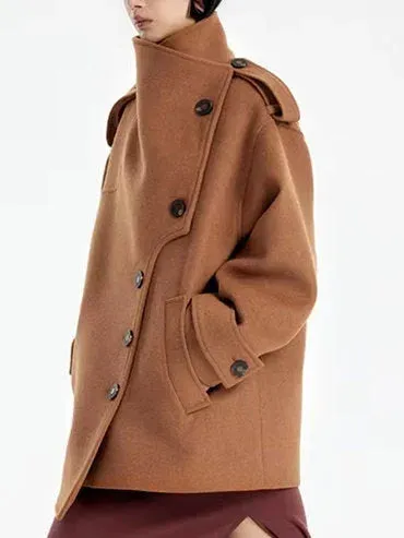 Asymmetrical Short Peacoat with High Collar