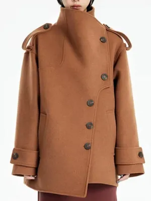 Asymmetrical Short Peacoat with High Collar