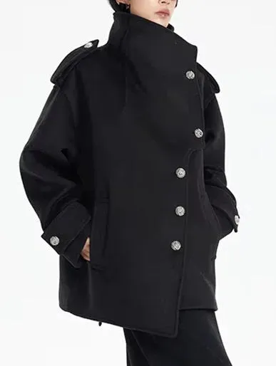 Asymmetrical Short Peacoat with High Collar