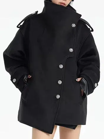 Asymmetrical Short Peacoat with High Collar