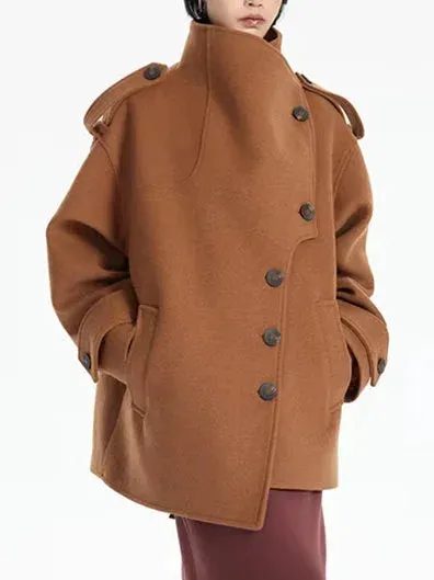 Asymmetrical Short Peacoat with High Collar