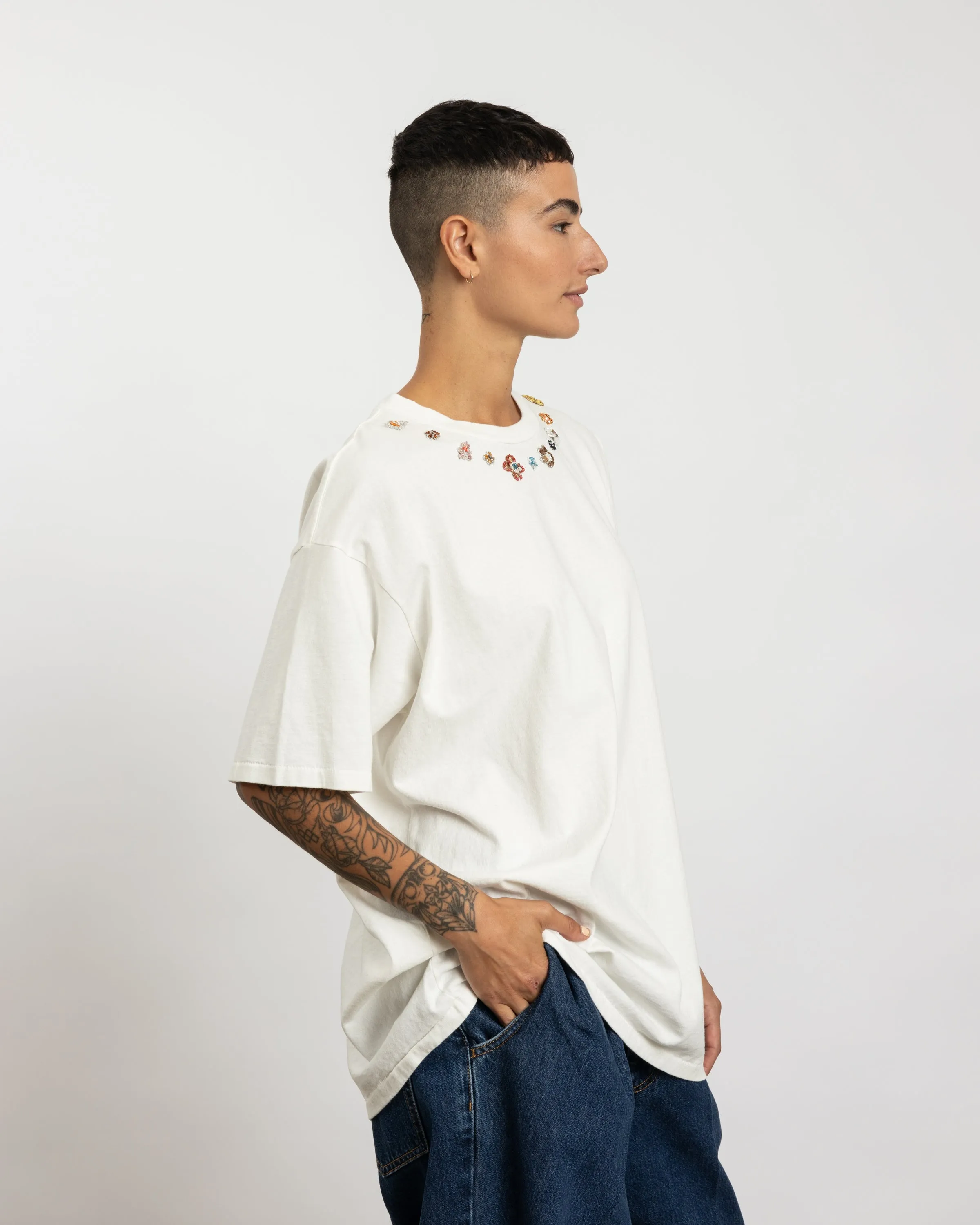 Beaded Necklace Tee in White