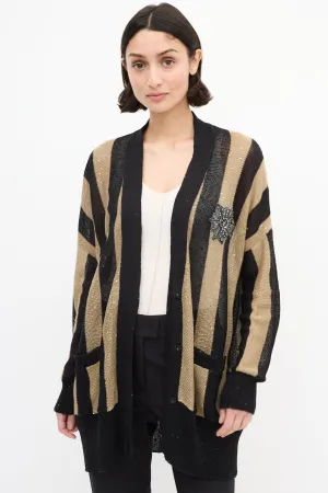 Black & Brown Linen & Silk Sequin Cardigan