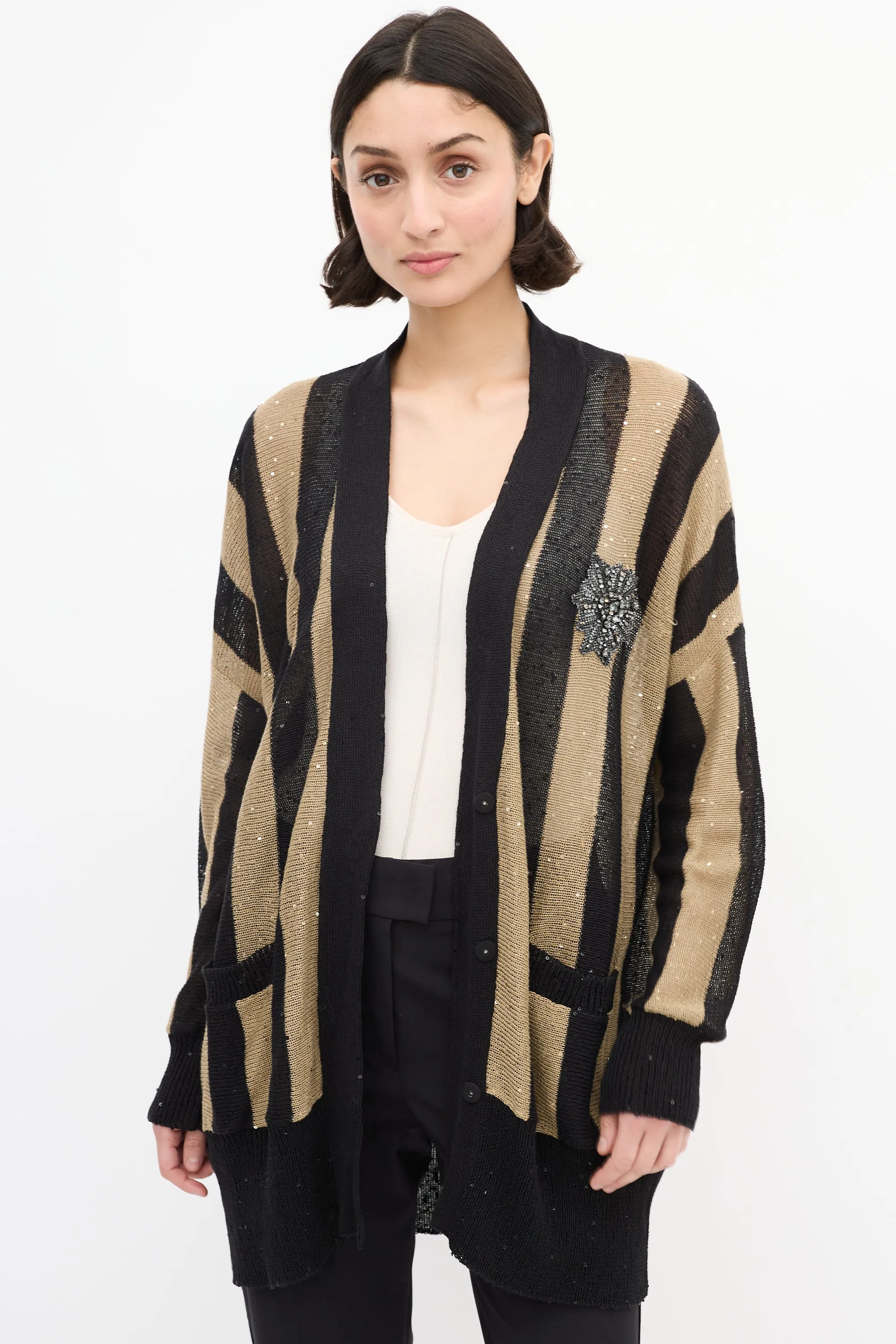 Black & Brown Linen & Silk Sequin Cardigan