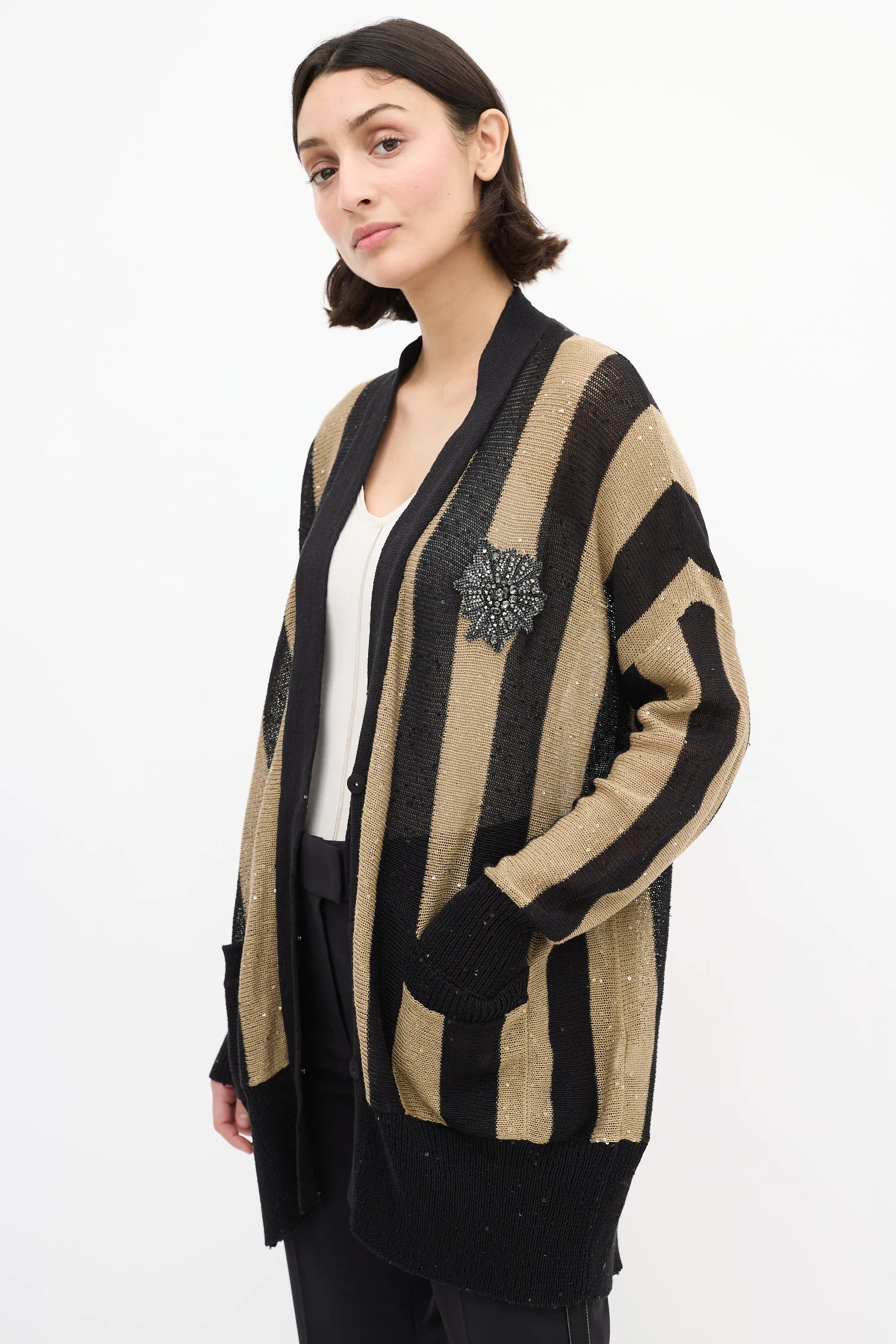 Black & Brown Linen & Silk Sequin Cardigan