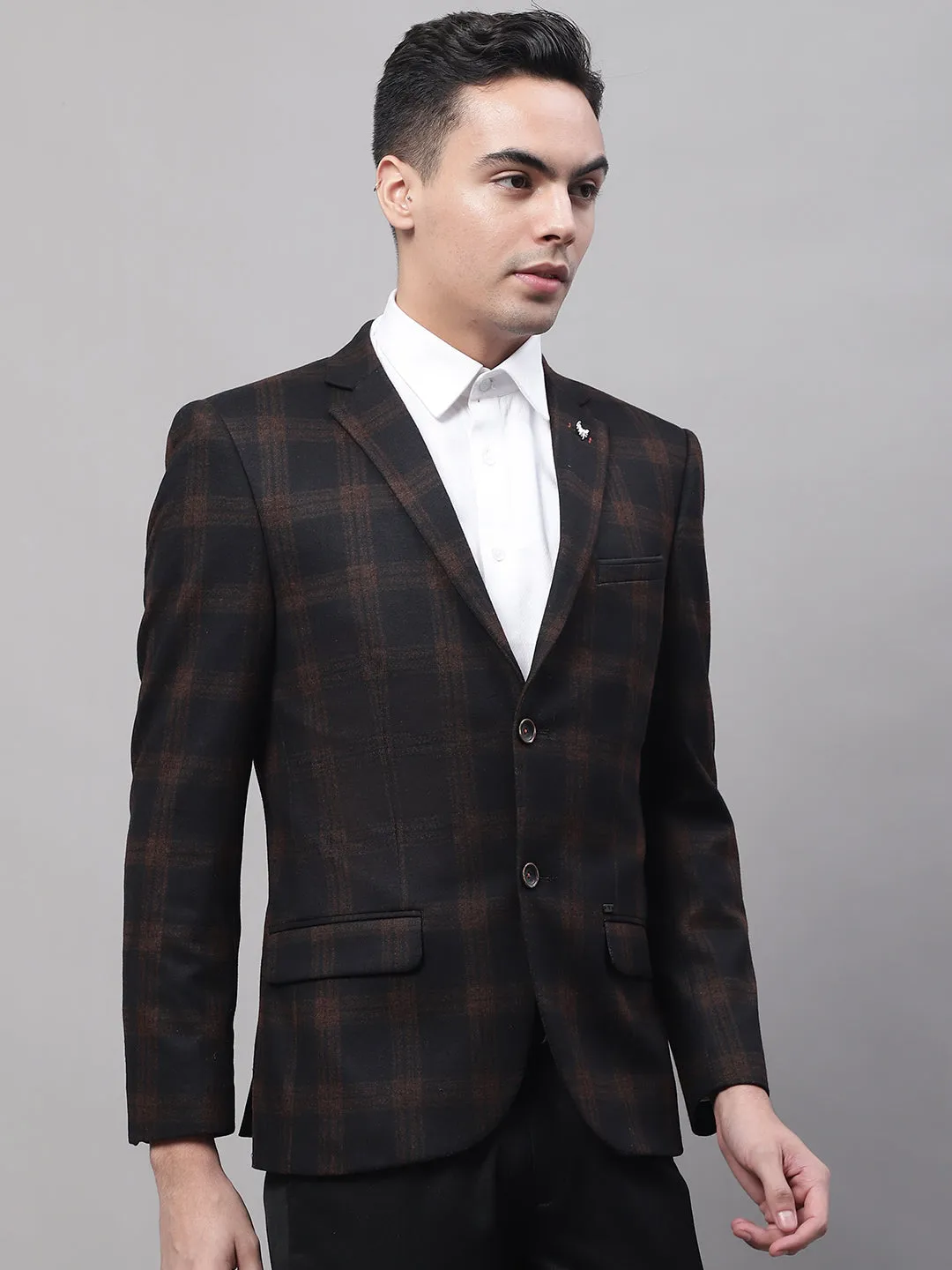 Black Checkered Full Sleeves Casual Blazer For Men