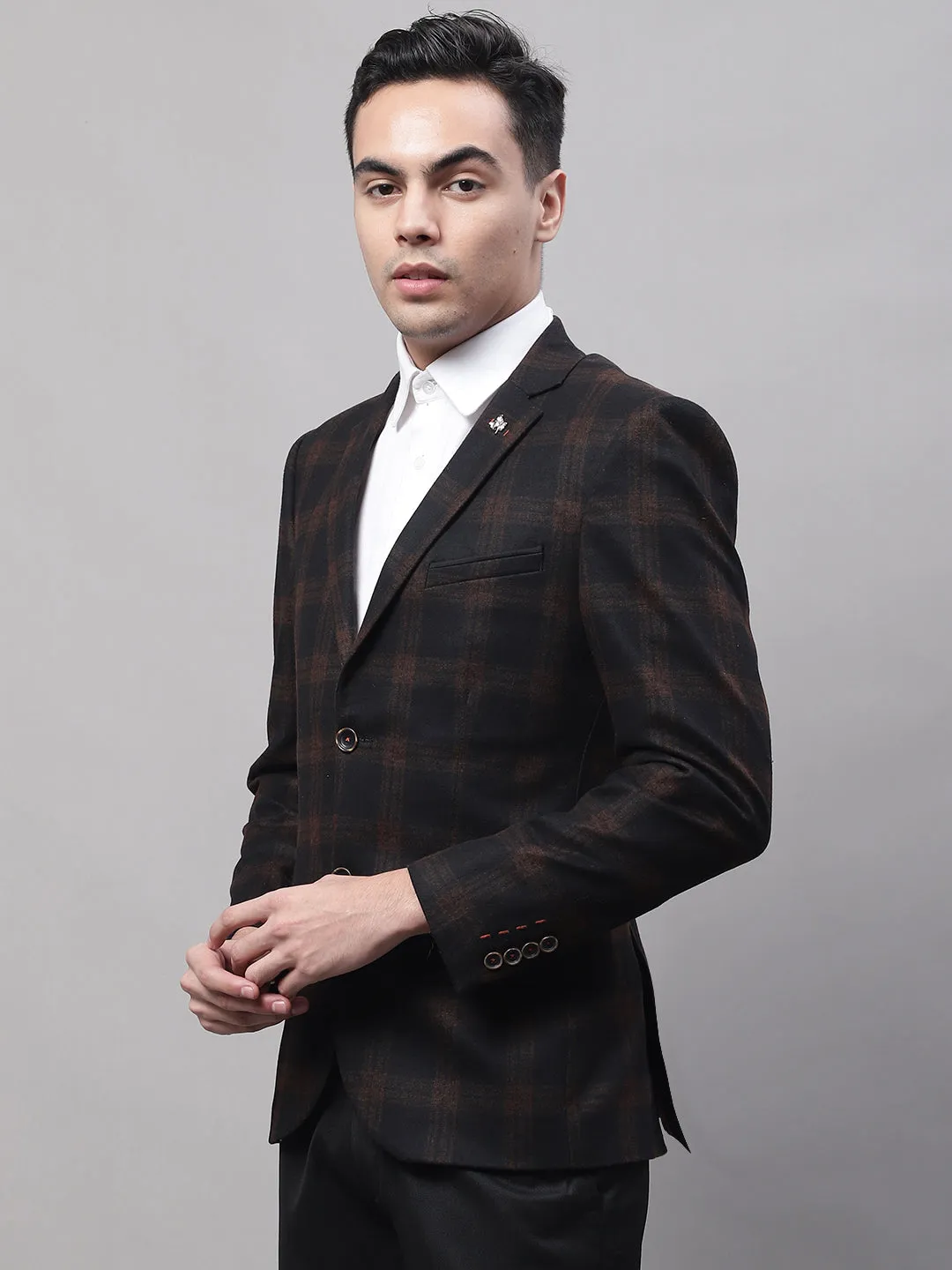 Black Checkered Full Sleeves Casual Blazer For Men