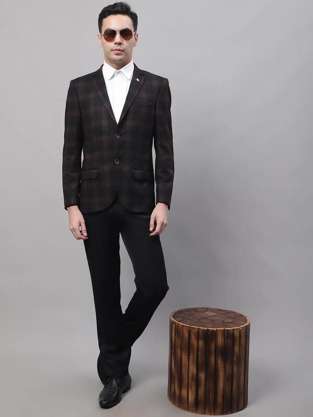 Black Checkered Full Sleeves Casual Blazer For Men