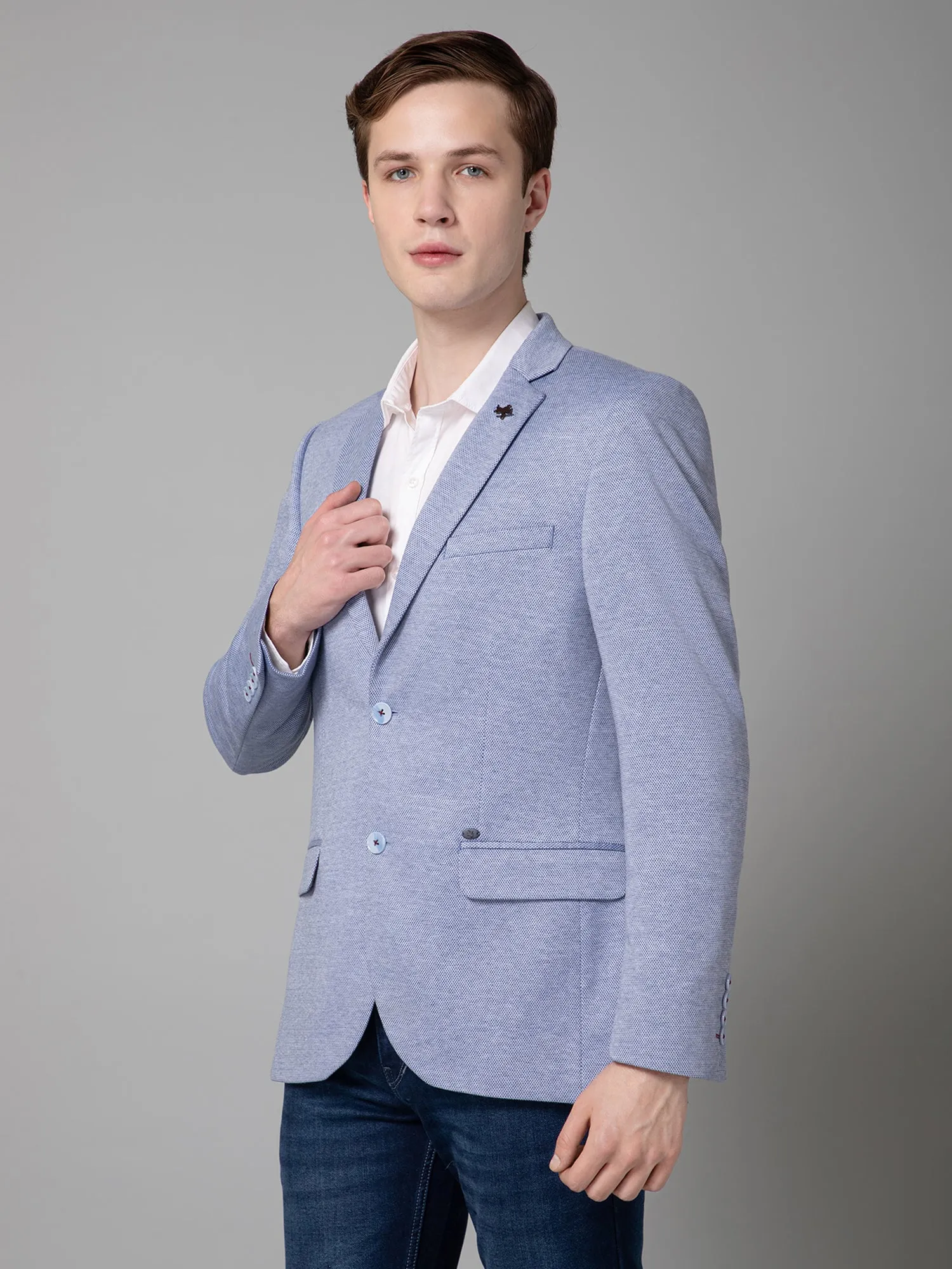 Blue Self Design Full Sleeves Casual Blazer For Men