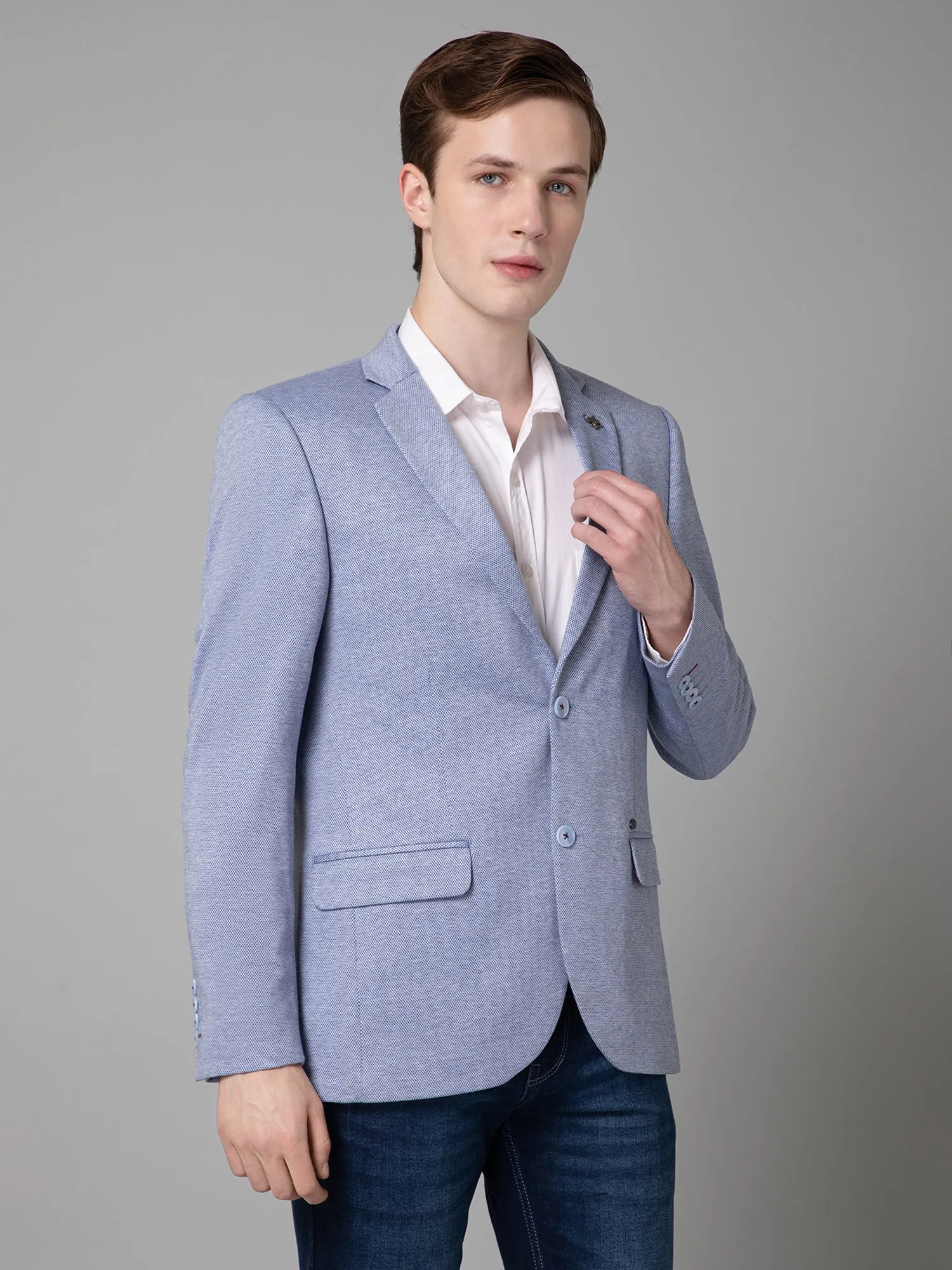 Blue Self Design Full Sleeves Casual Blazer For Men