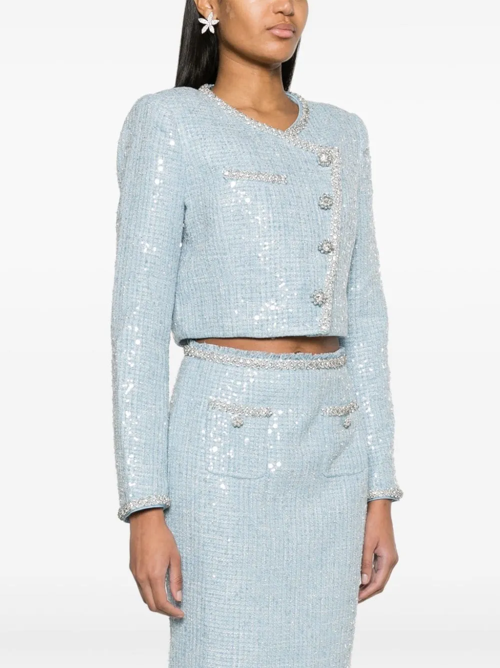 Blue Sequin Boucle Cropped Jacket