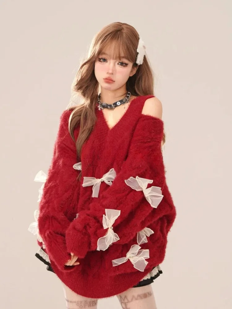 Bow Cut Out Fluffy Sweater