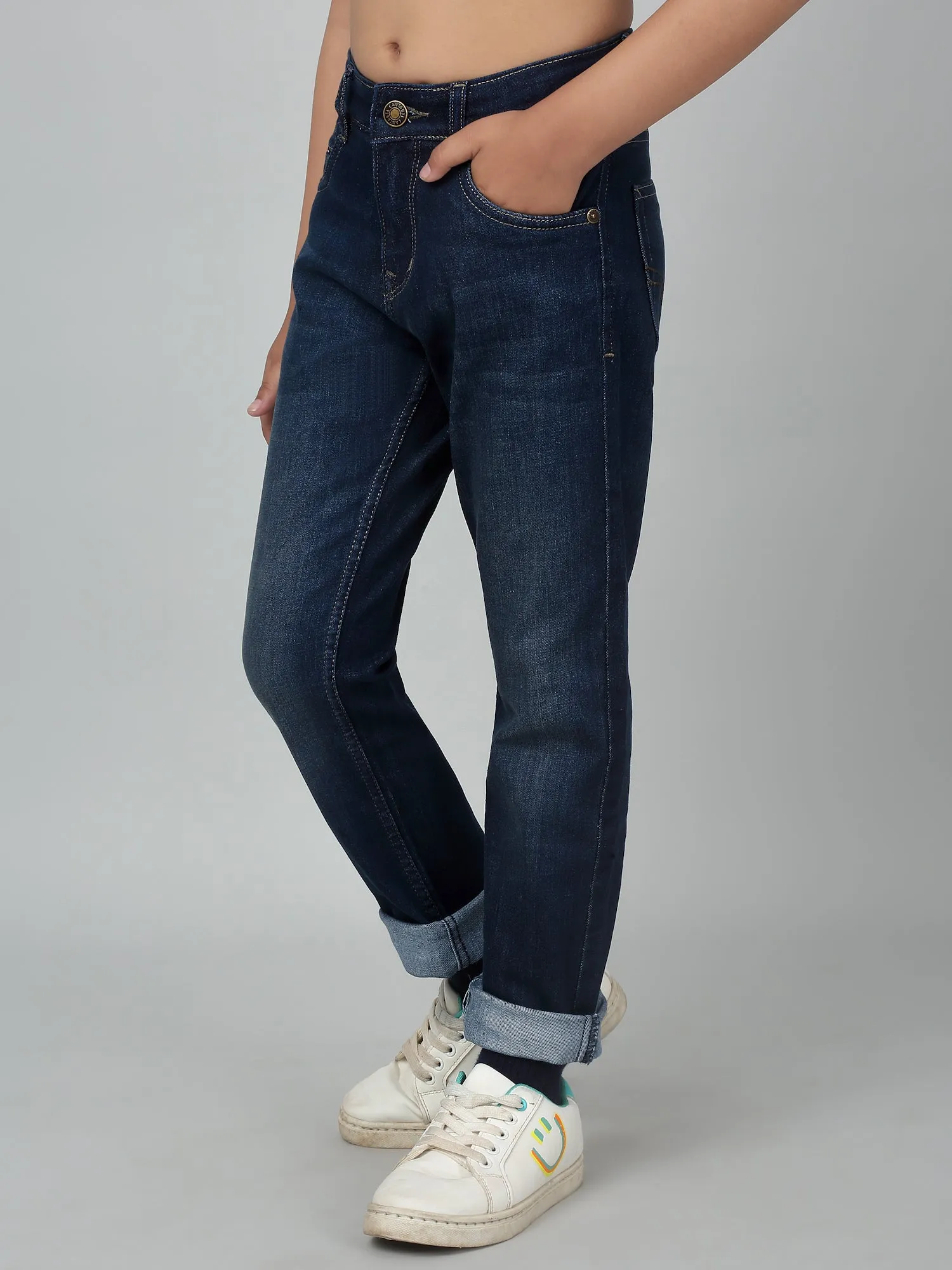 Boy's Dark Blue Solid Stretchable Jeans