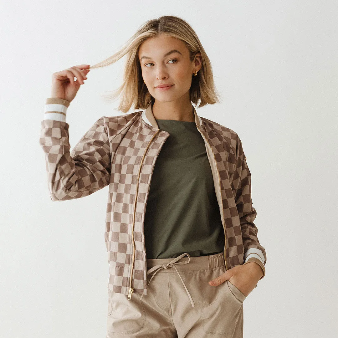 Brown Checkers Bomber Jacket