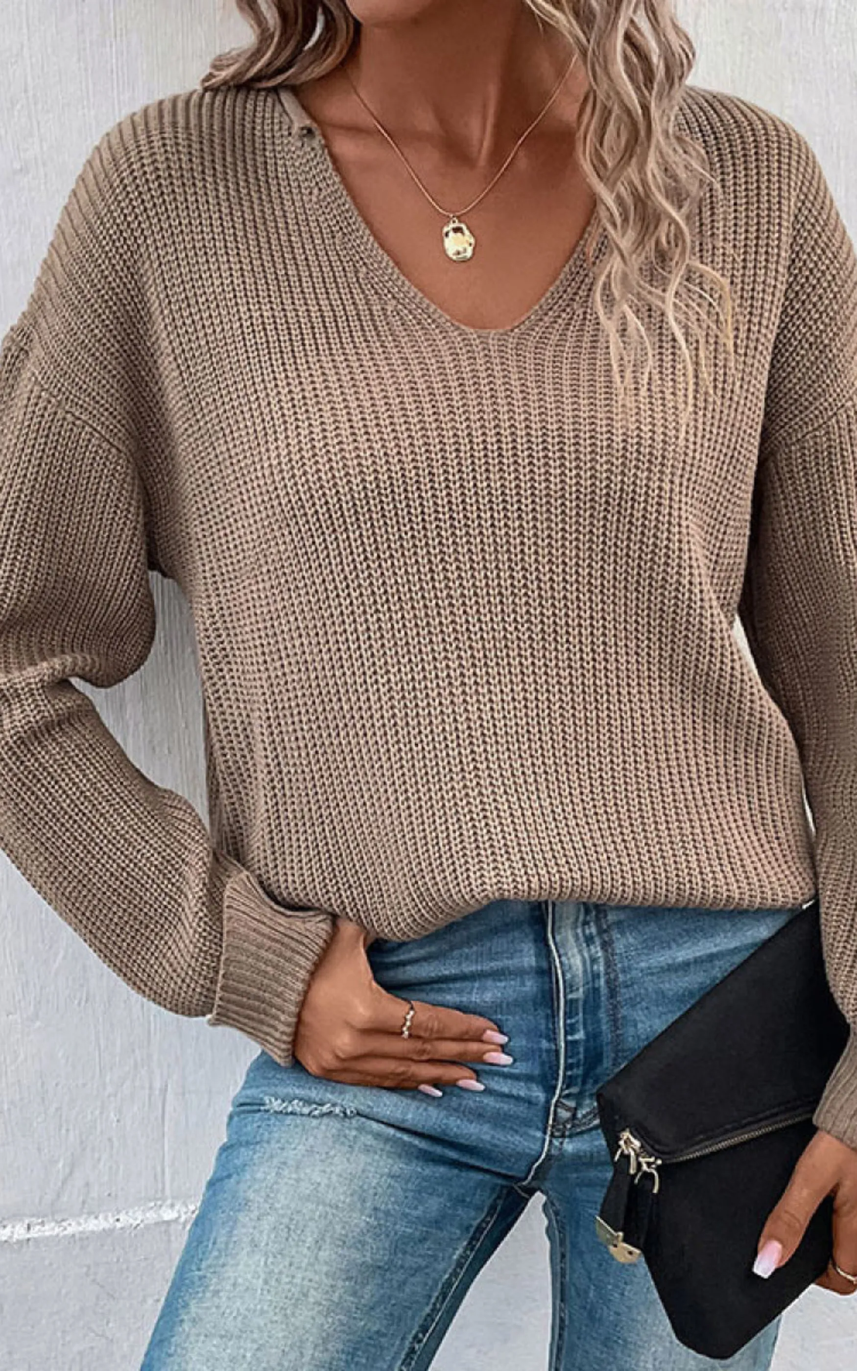 Brown V-Neck Knitted Sweater