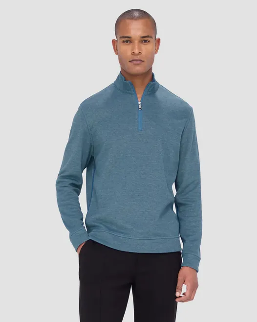 Bugatchi Reversible Pique/Fishermen Knit Quarter Zip Pullover | Teal