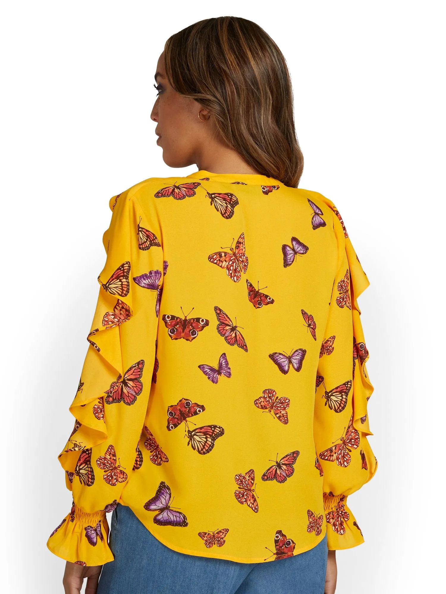 Butterfly-Print Ruffle Blouse