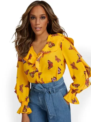 Butterfly-Print Ruffle Blouse