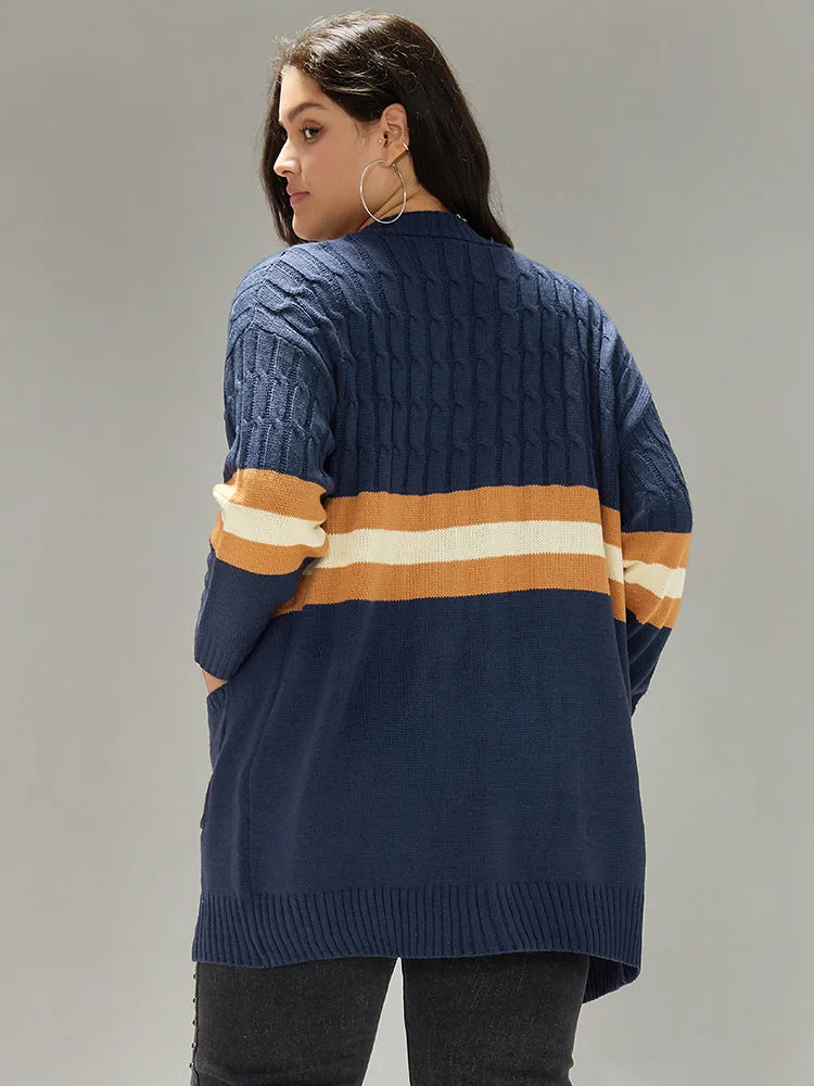 Cable Knit Colorblock Contrast Open Front Cardigan