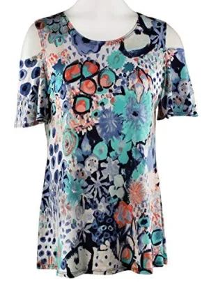 Caribe - Floral Flash, Cool Shoulder, Short Sleeve, Scoop Neck Colorful Fashion Top