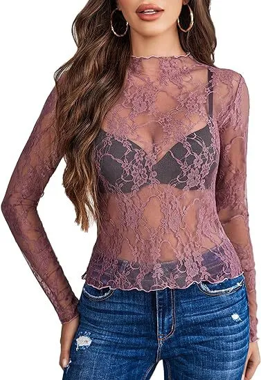 Chic Women's Long Sleeve Lace Blouse - Elegant & Transparent