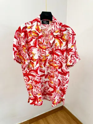 Clair Relaxed Abstract Floral Print Cuban Cropfit Shirt - Red