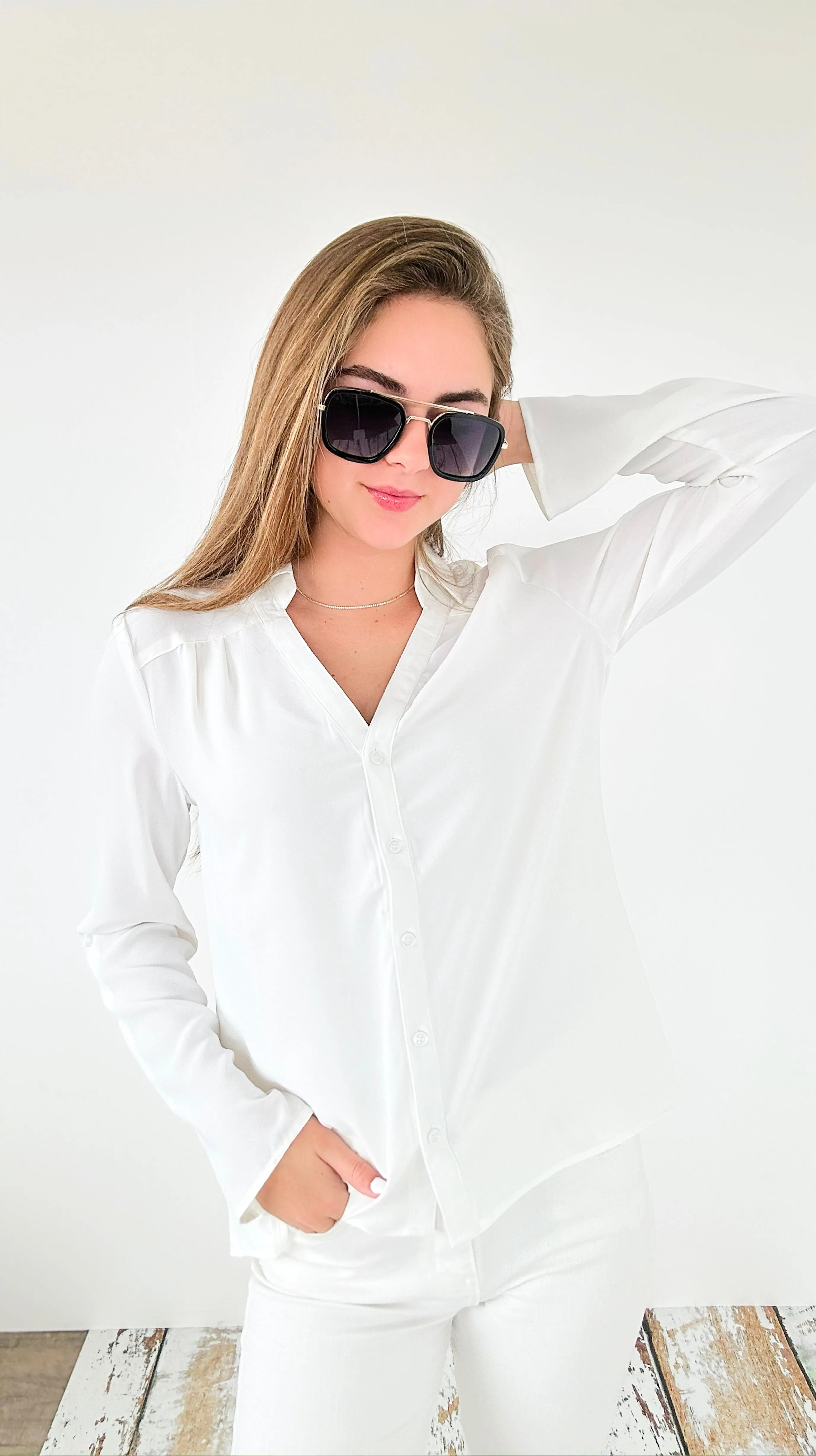 Classic Breeze Roll-Tab Blouse Top - Off White