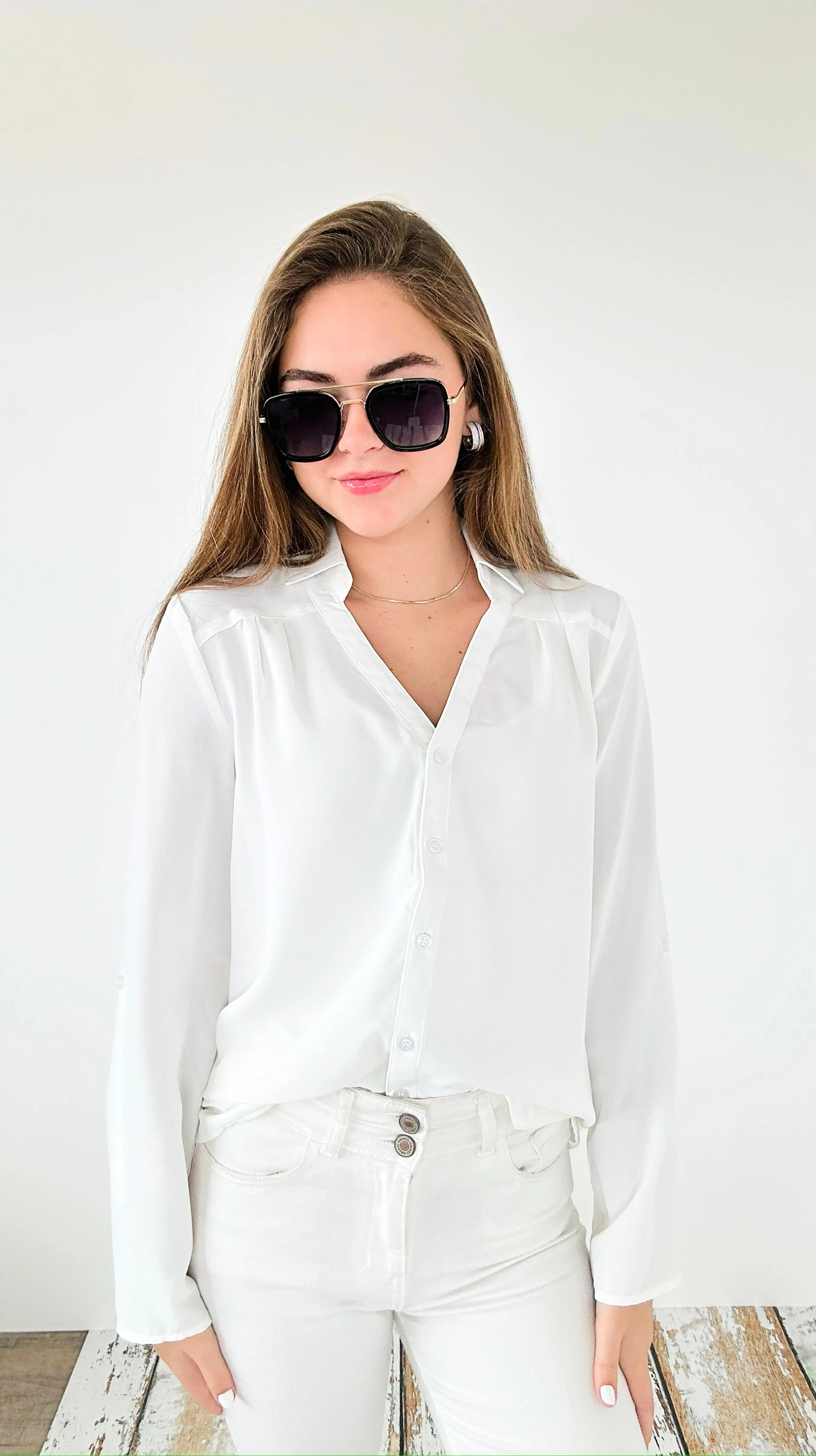 Classic Breeze Roll-Tab Blouse Top - Off White