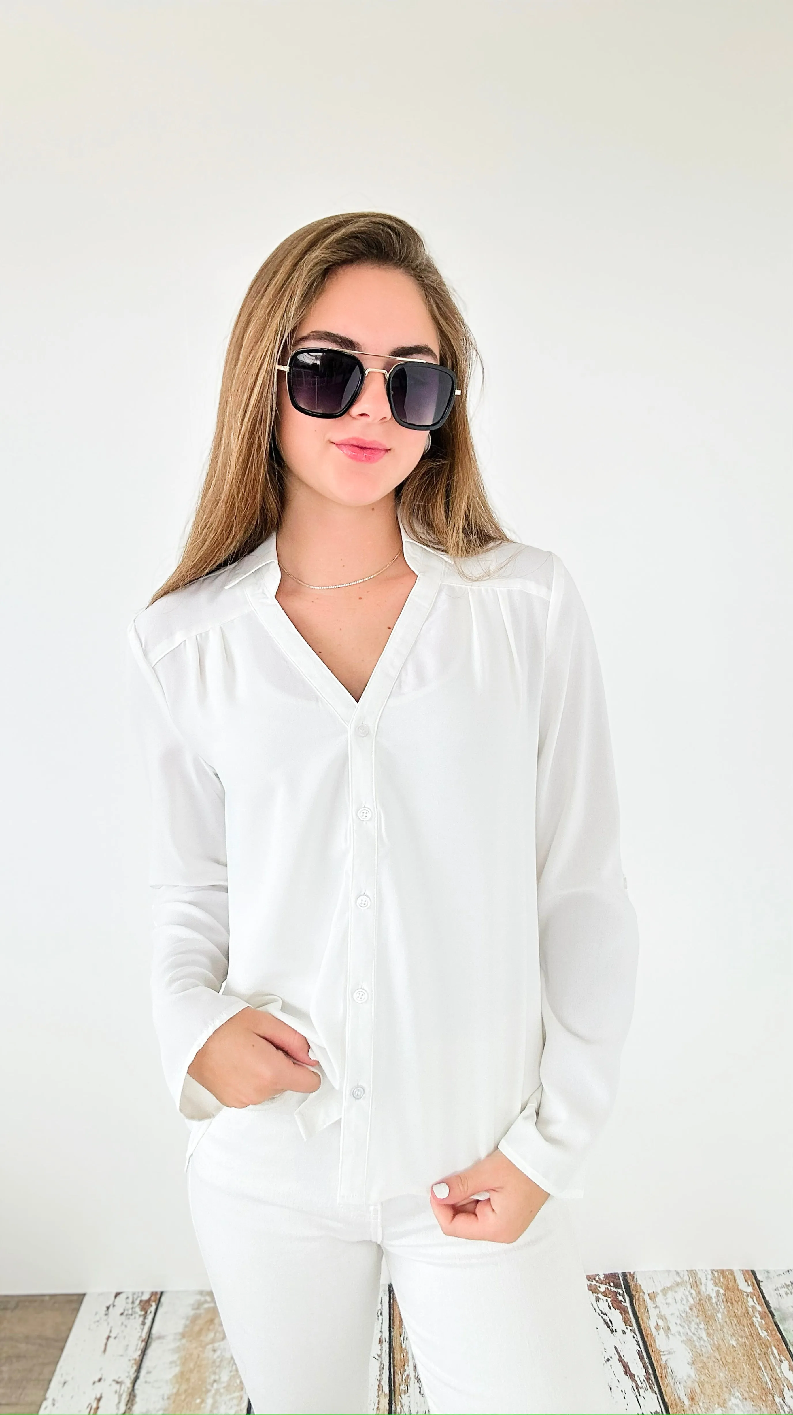 Classic Breeze Roll-Tab Blouse Top - Off White