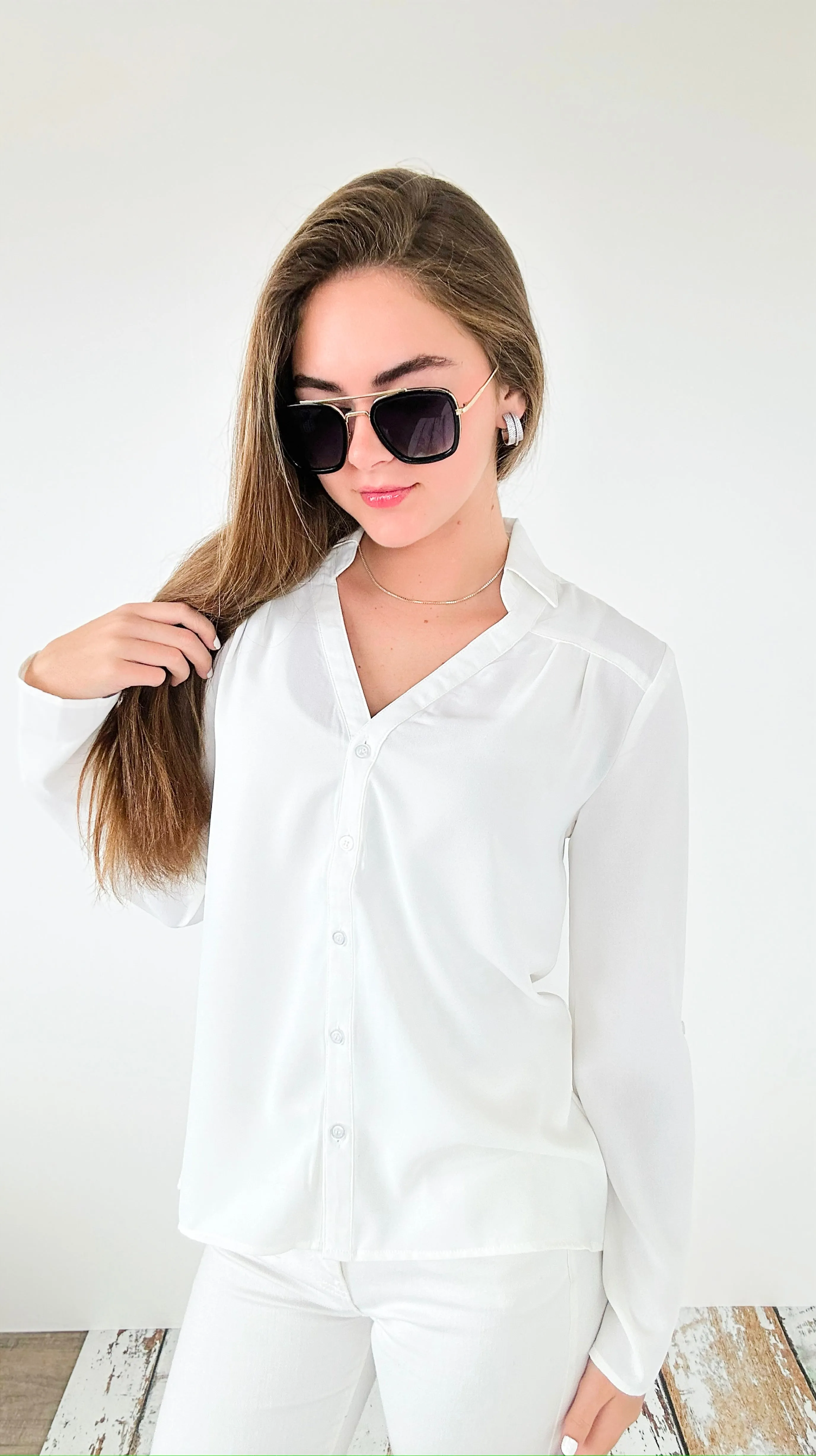 Classic Breeze Roll-Tab Blouse Top - Off White