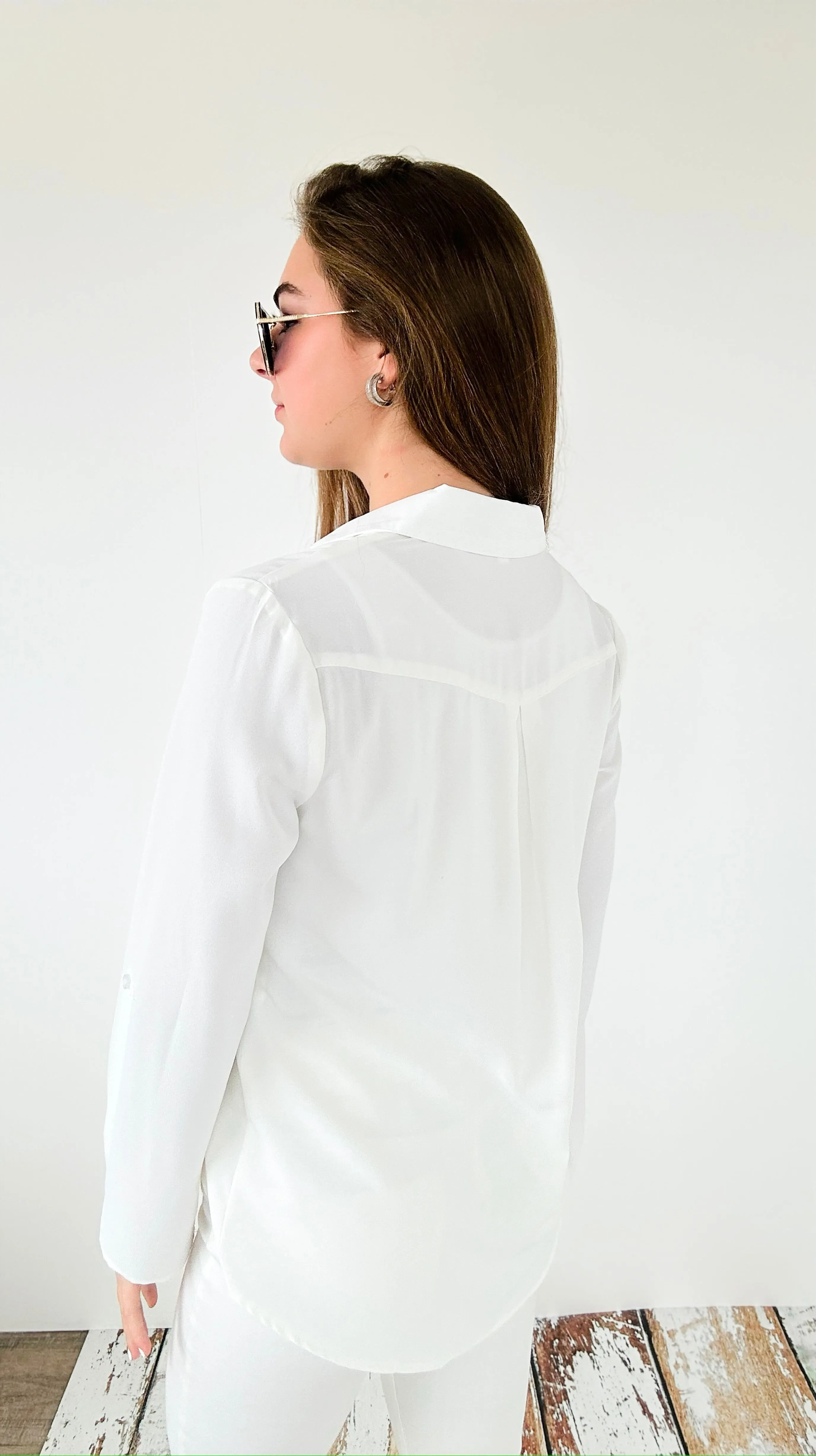 Classic Breeze Roll-Tab Blouse Top - Off White