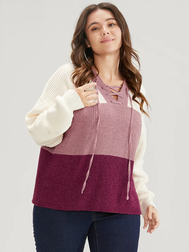 Colorblock Contrast Chenille Knit Lace Up V Neck Knit Top