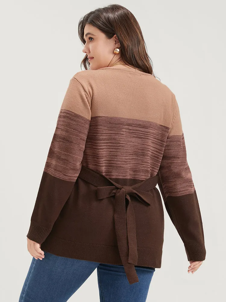 Colorblock Contrast Pointelle Knit Pocket Belted Open Front Cardigan