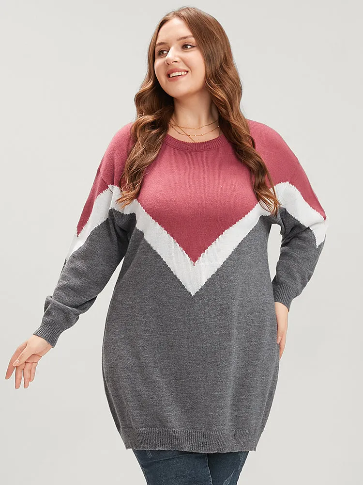 Colorblock Contrast Pointelle Knit Round Neck Mid Long Knit Top