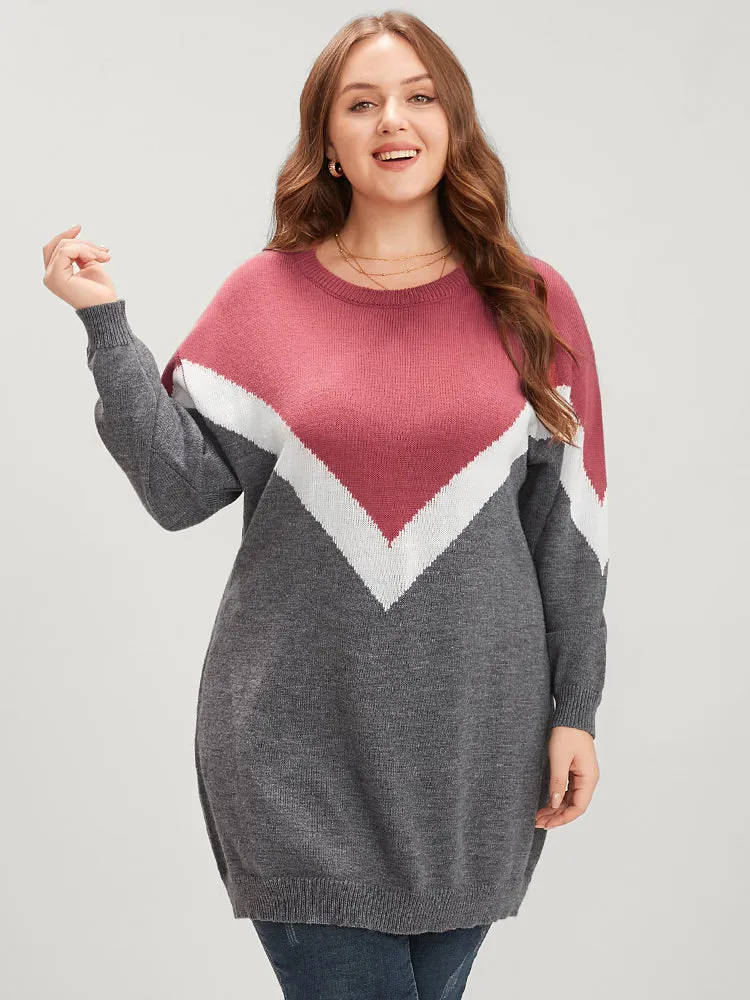 Colorblock Contrast Pointelle Knit Round Neck Mid Long Knit Top