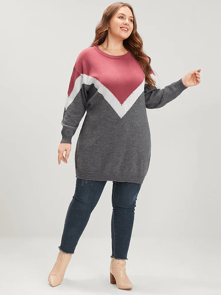 Colorblock Contrast Pointelle Knit Round Neck Mid Long Knit Top