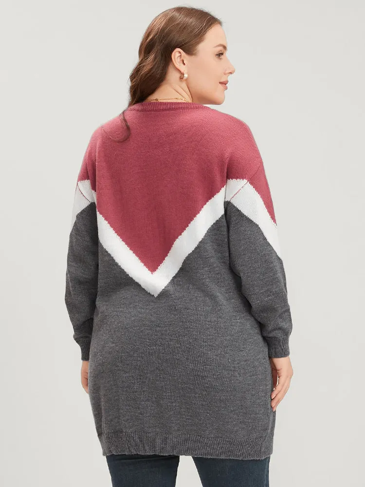 Colorblock Contrast Pointelle Knit Round Neck Mid Long Knit Top