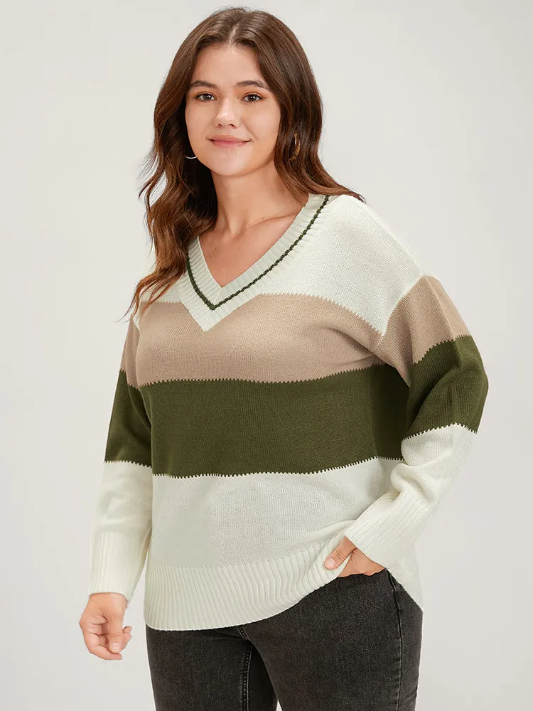 Colorblock Contrast Pointelle Knit V Neck Knit Top