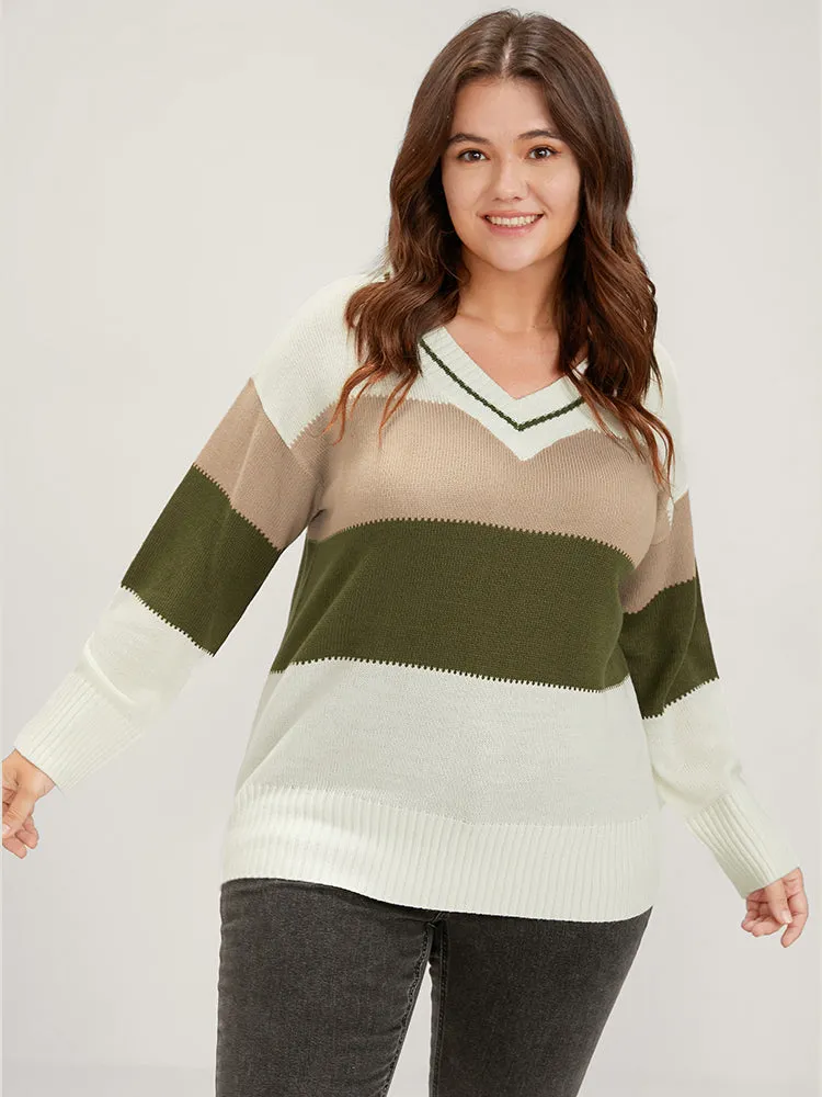 Colorblock Contrast Pointelle Knit V Neck Knit Top