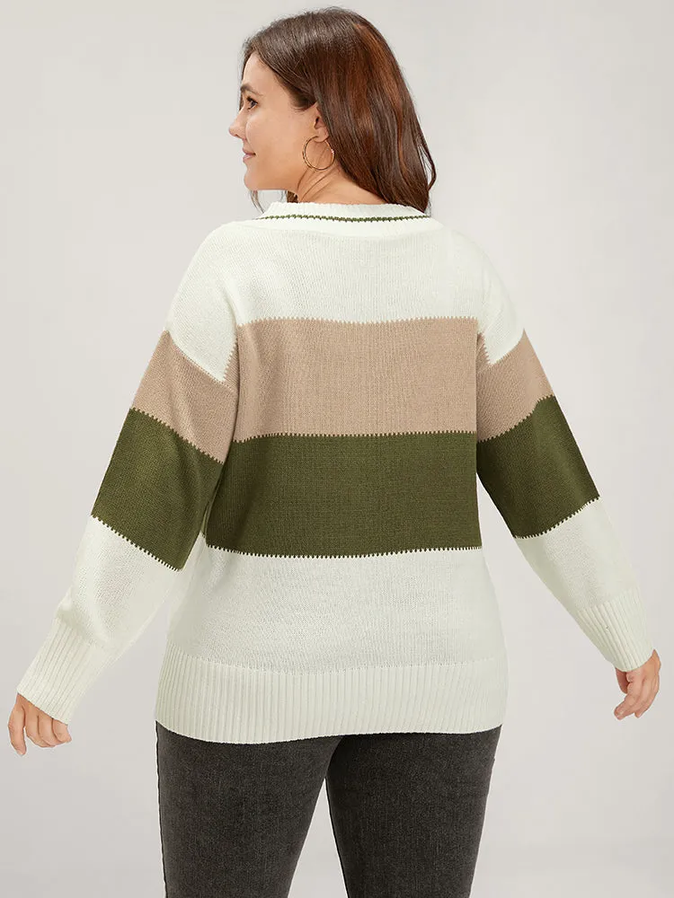 Colorblock Contrast Pointelle Knit V Neck Knit Top