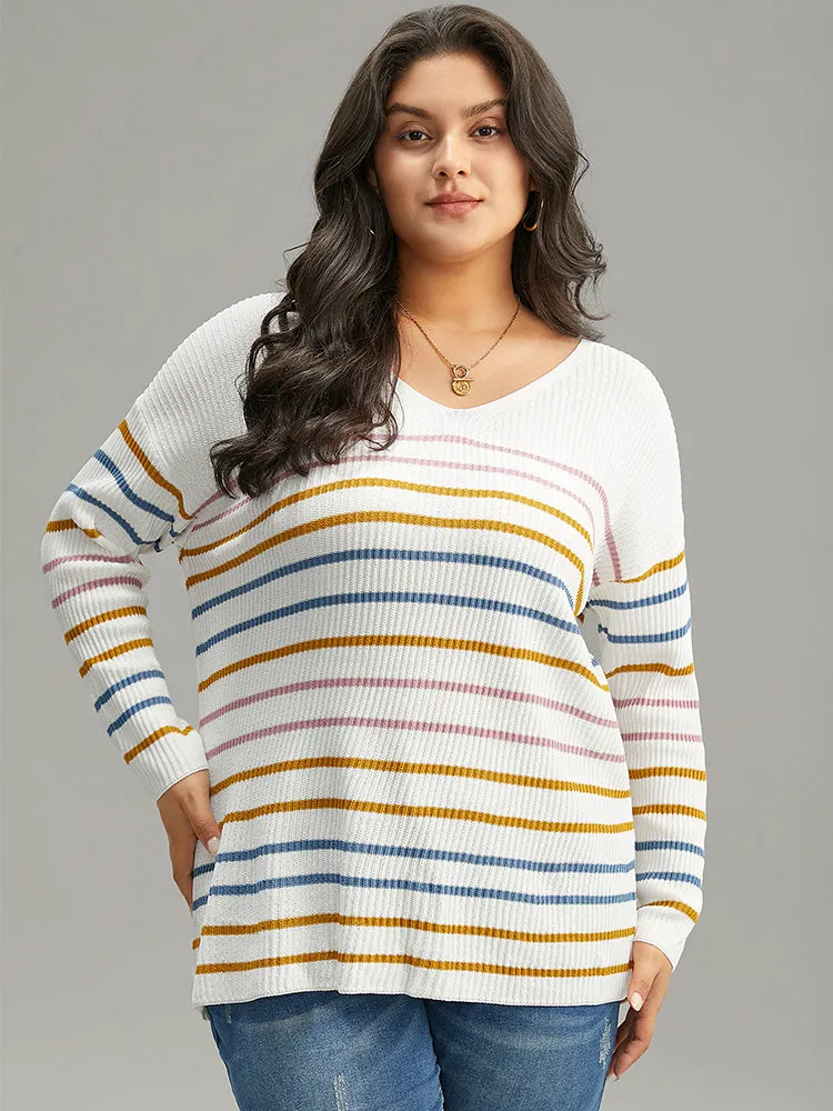 Colour Striped V Neck Back Cut Out Pullover