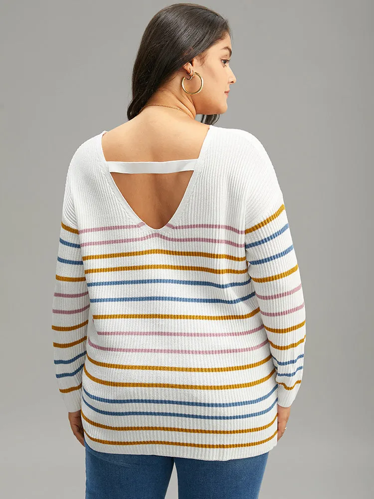 Colour Striped V Neck Back Cut Out Pullover