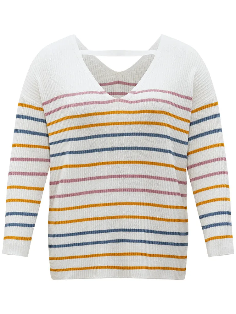 Colour Striped V Neck Back Cut Out Pullover