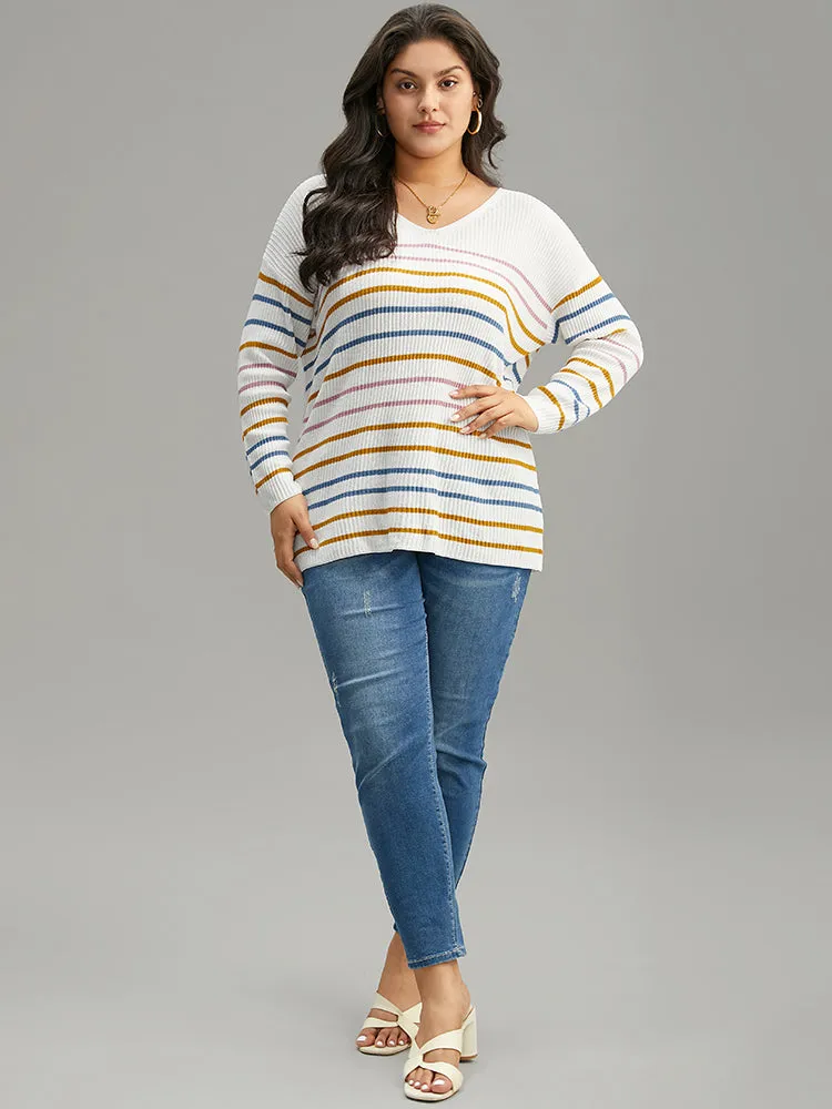 Colour Striped V Neck Back Cut Out Pullover