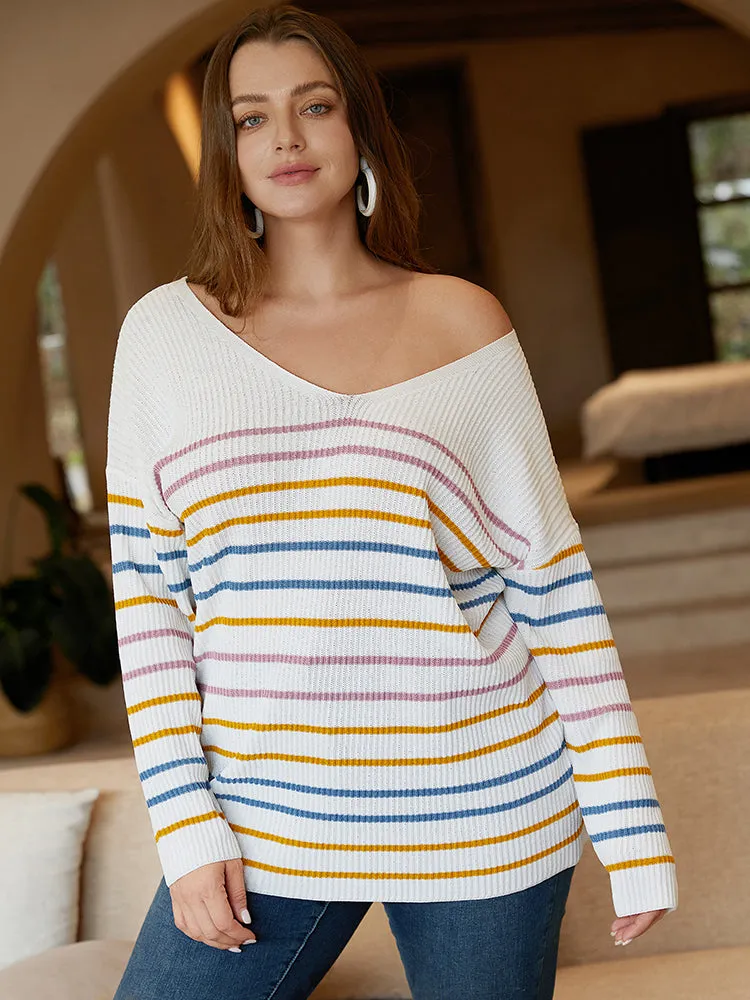 Colour Striped V Neck Back Cut Out Pullover